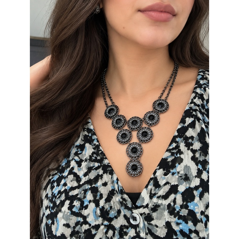 Gunmetal Black Medallion Bib Necklace Tiered Crystal Pavé Statement Y-Necklace